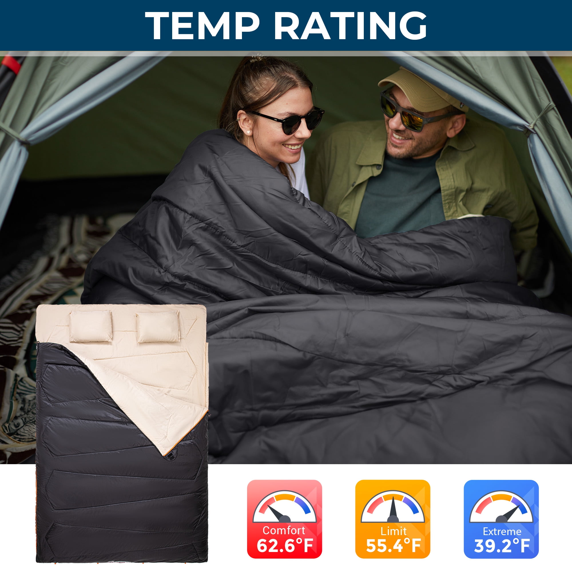 FUNDANGO 2 Person Sleeping Bag with Pillows for Adults Black Double Camping Sleeping Bags 220*150cm, Queen Size Two Person Sleeping Bags with Compression Sack 39.2°F-62.6°F, 6.1lbs, Black