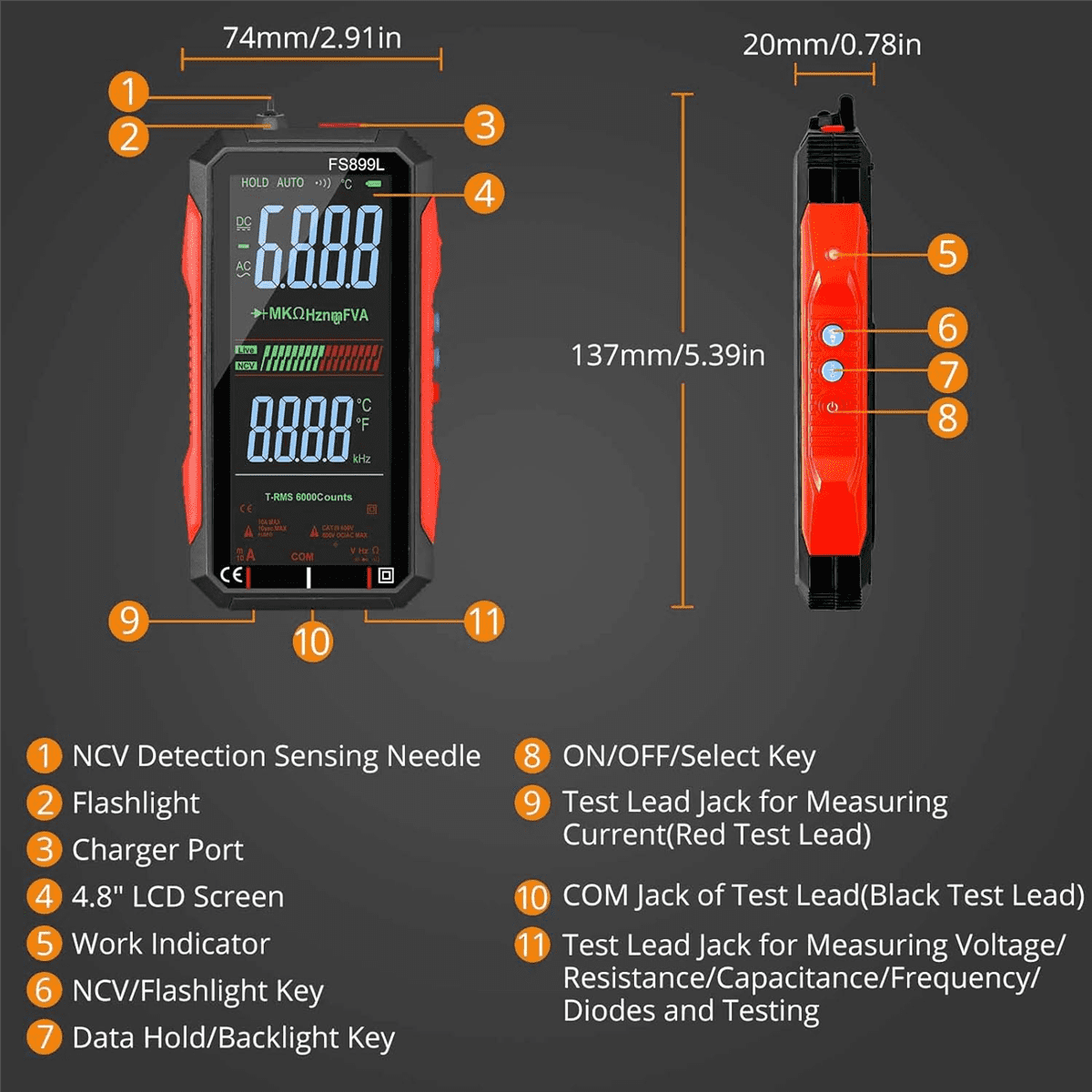 USB Multimeter Digital Voltmeter with 4.8Inch LCD Screen Multi Tester Capacitance Resistance Frequency Voltage Tester