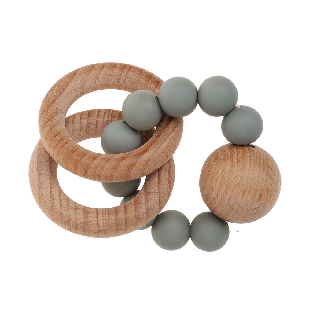 Natural Wood Ring Teether Baby Chewable Silicone Teething Bracelet Rattle Toys 