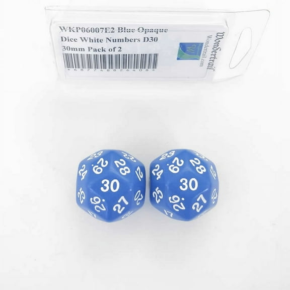 Blue Opaque Dice with White Numbers D30 30mm (1.18in) Pack of 2 Wondertrail