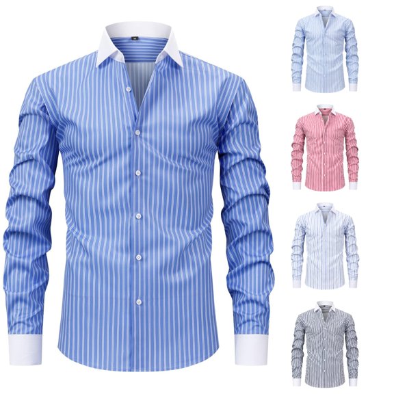 Men's Casual Long Sleeve Striped Dress Shirt Slim Fit Button Down for Everyday Business Daily Wear Stretch Men's Shirt Blue 3XL