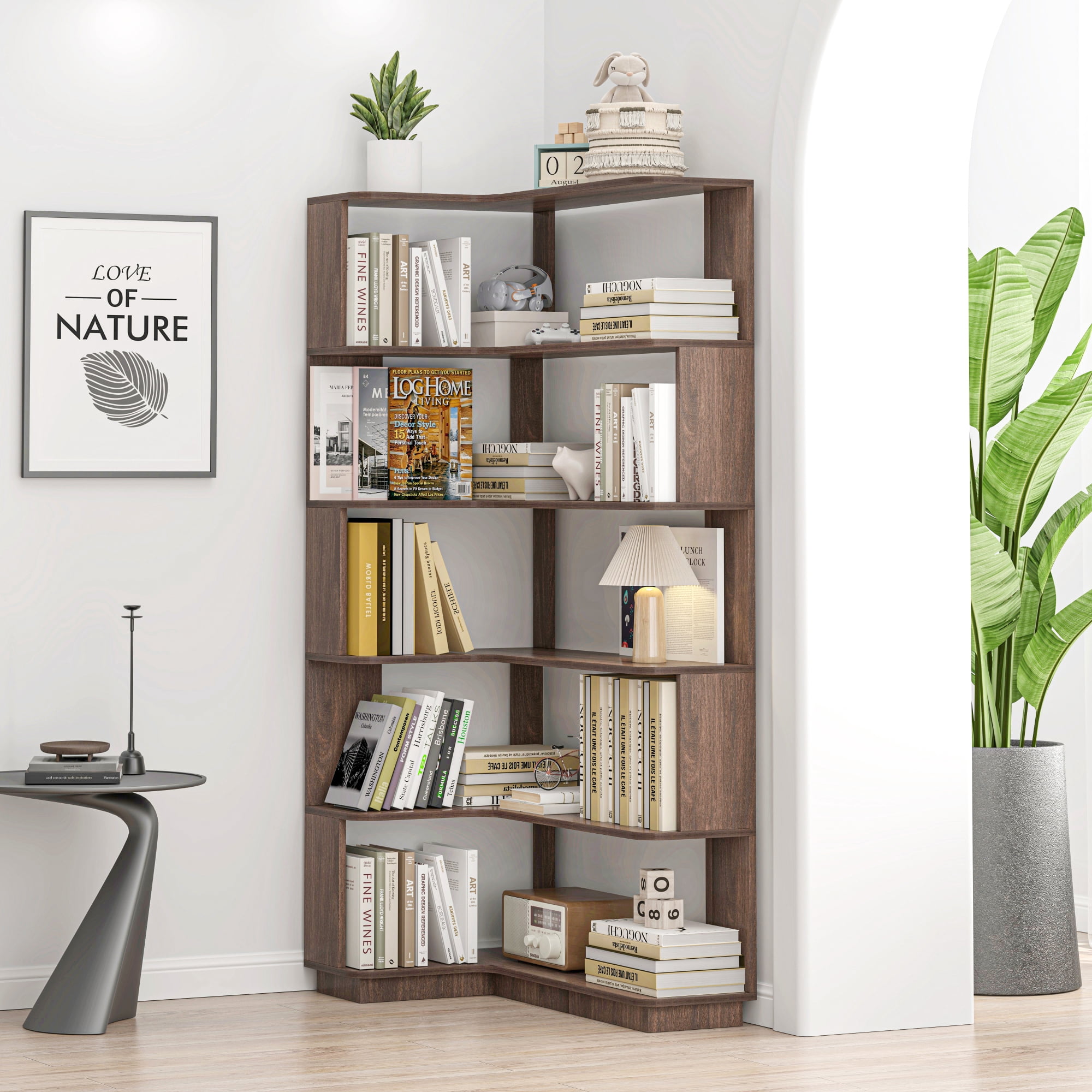 Leumius 5 Tier Freestanding L-Shaped Corner Bookshelf,Wooden Bookcase with Anti-drop Panel and Anti Tipping Device, Display shelf Open Storage,Dark Brown