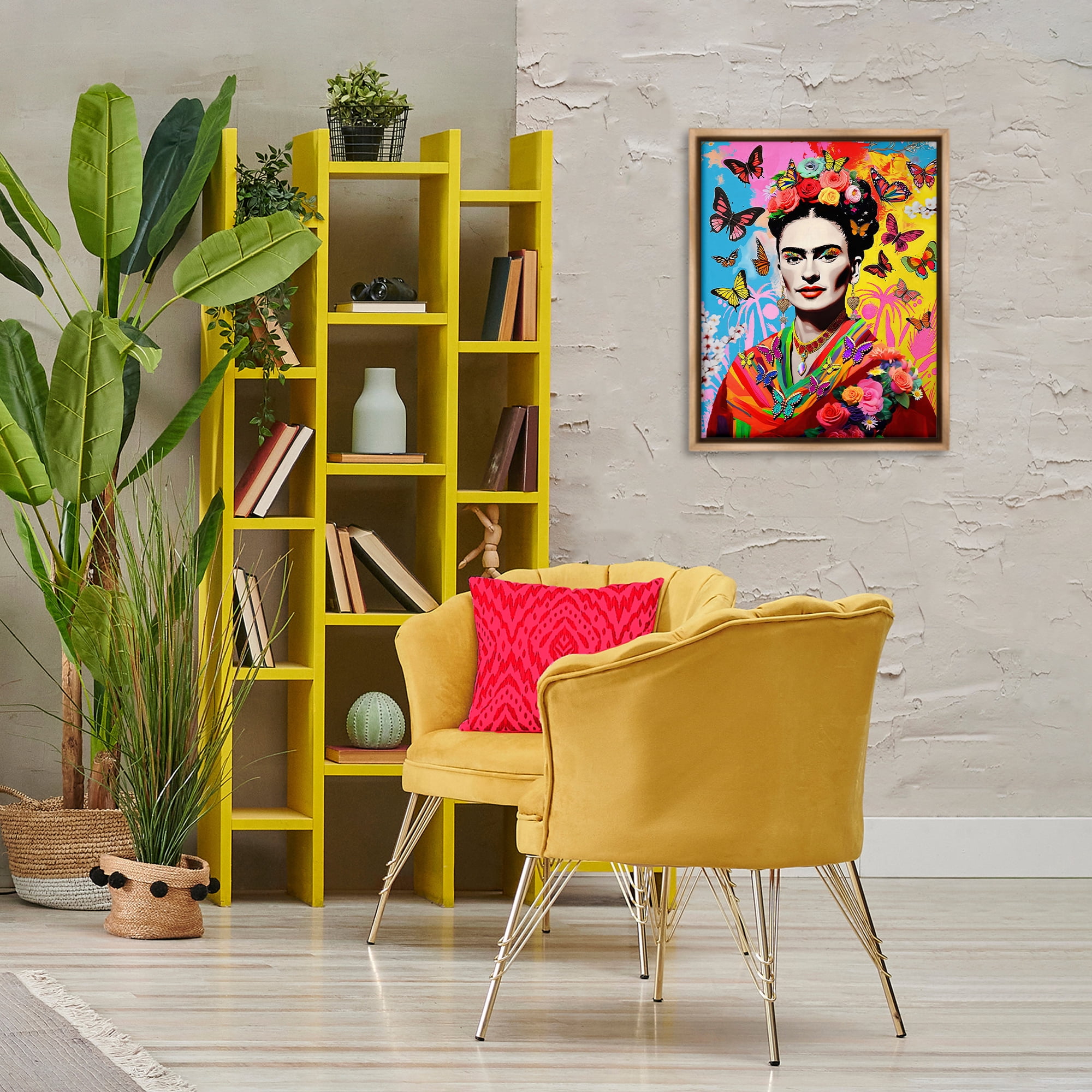 Stupell Industries Eccentric Butterflies Frida People Painting Brown Floater Framed Canvas Art Print Wall Art, 17 x 21