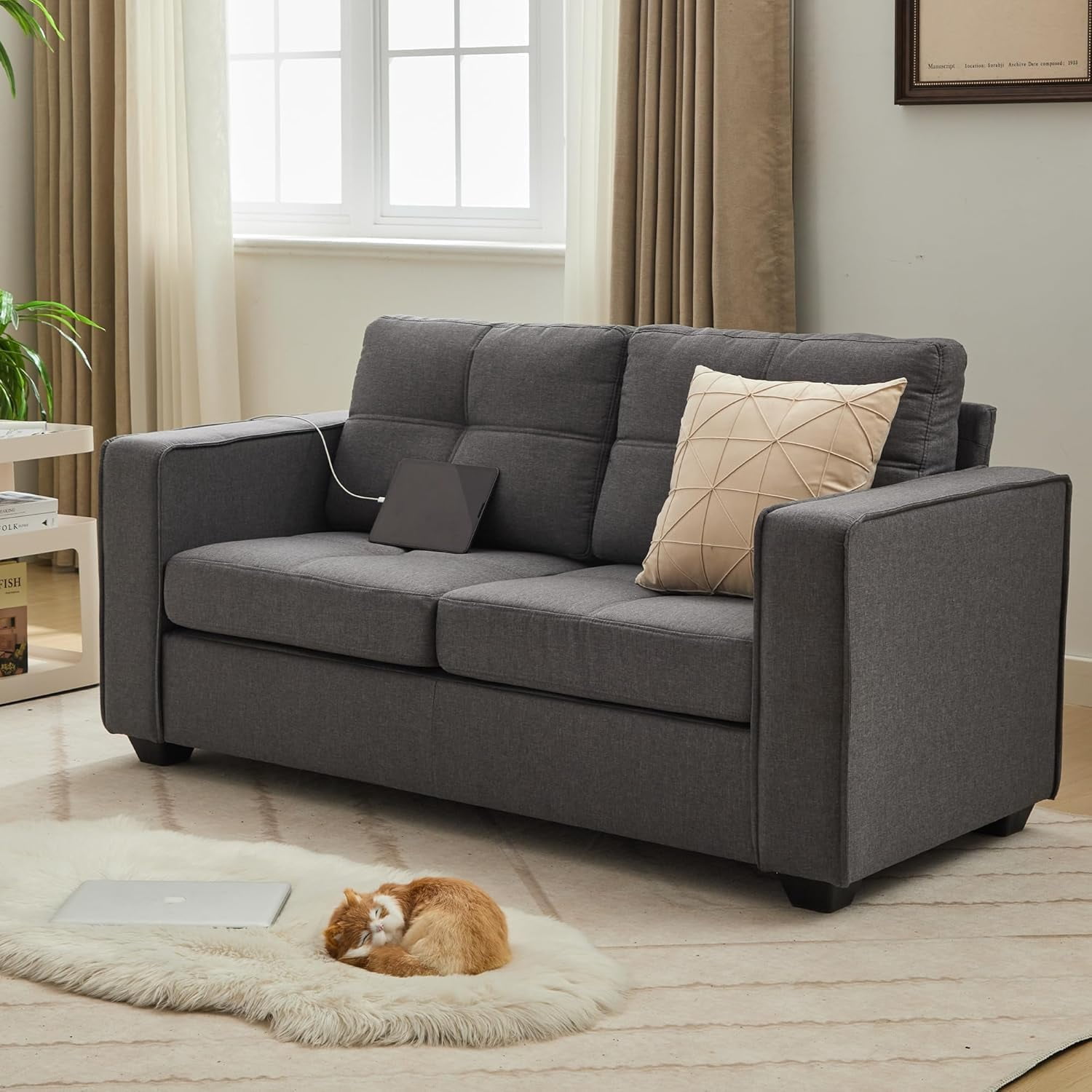 LAZZO 65" Loveseat Sofa with USB Charging Ports, 2-Seat Faux Leather Couch for Living Room & Office, Gray