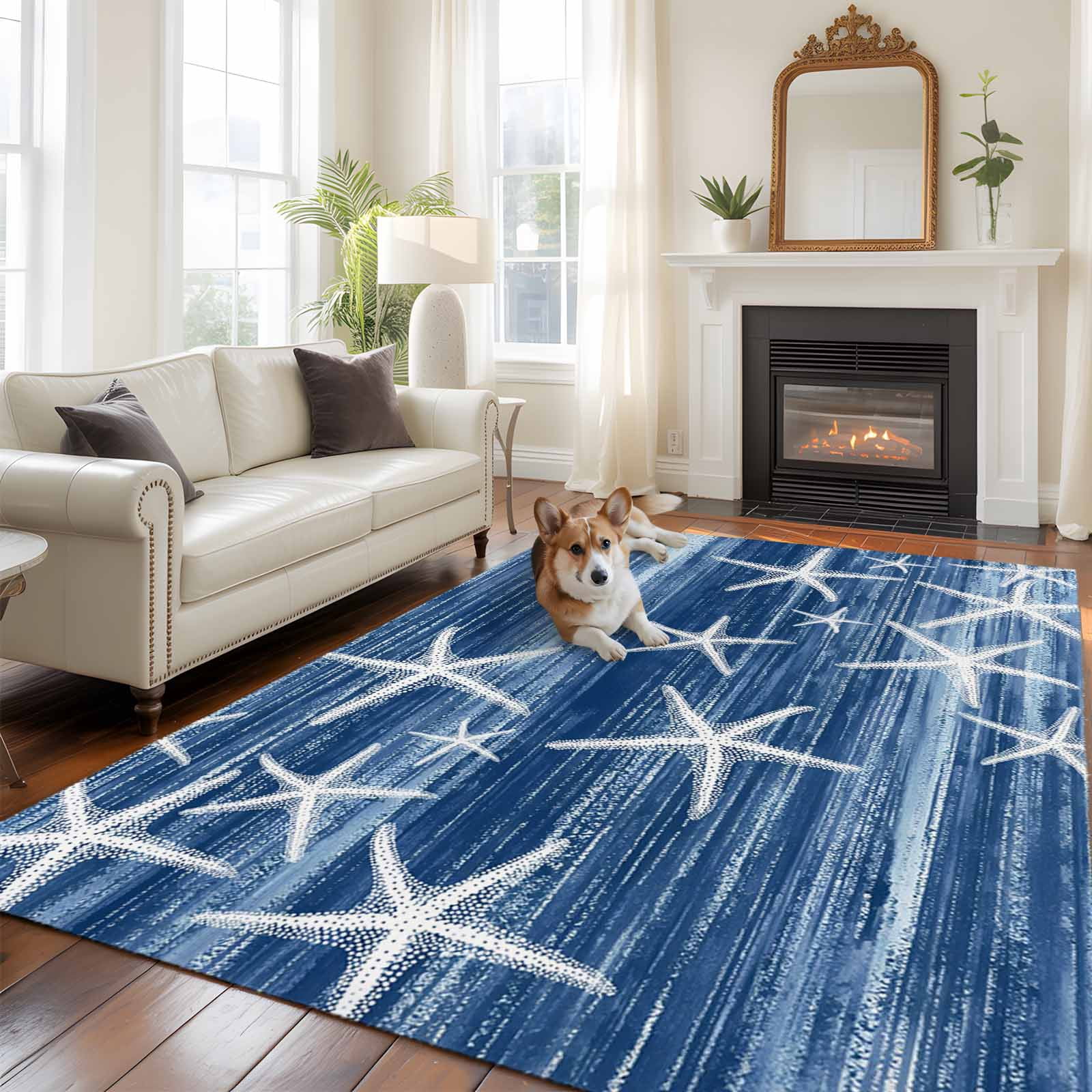 Rectangle Area Rugs 5 x 8 Ft, Navy Blue Coastal Non-Slip Residential Carpet, Summer Ocean Waves Ombre Sea Starfish Indoor Crawling Mats Runner Rugs for Living Room/Dining Room/Bedroom