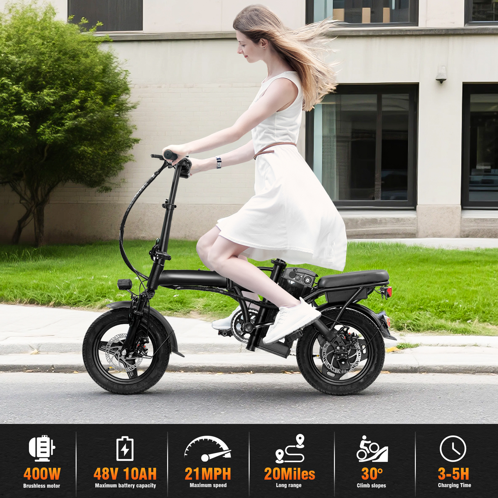 14 Inch Foldable Adult Electric Bicycle, 48V 10Ah 400W Motor, 3-Speed Gearing, Dual Spring Shock Absorbers, Front and Rear Led Safety Lights, Portable Design