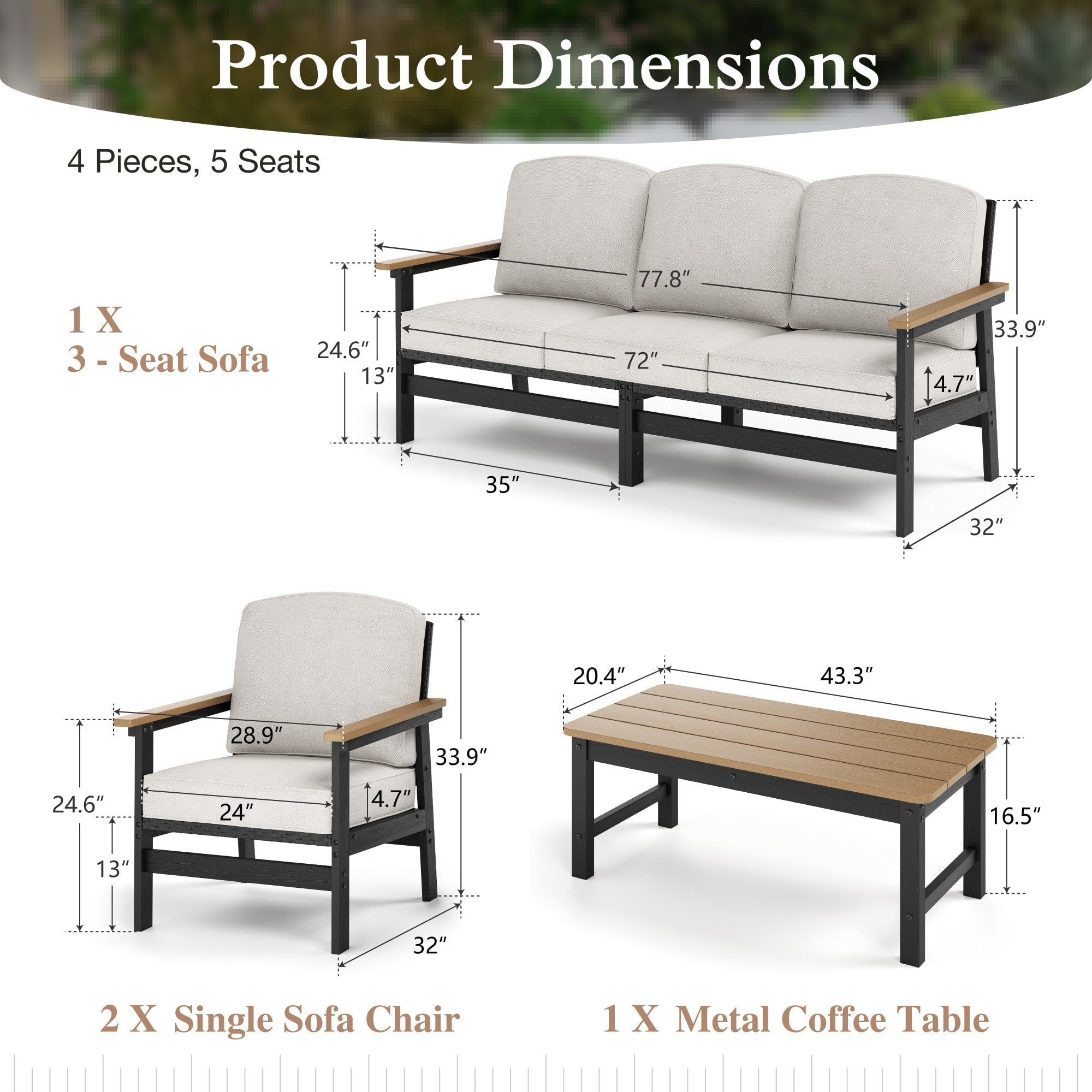 Sophia & William 4 Pieces HDPE Outdoor Patio Furniture Set 5-Seat All-Weather Cushioned Conversation Set with Wicker Chairs & Wood-grain Coffee Table