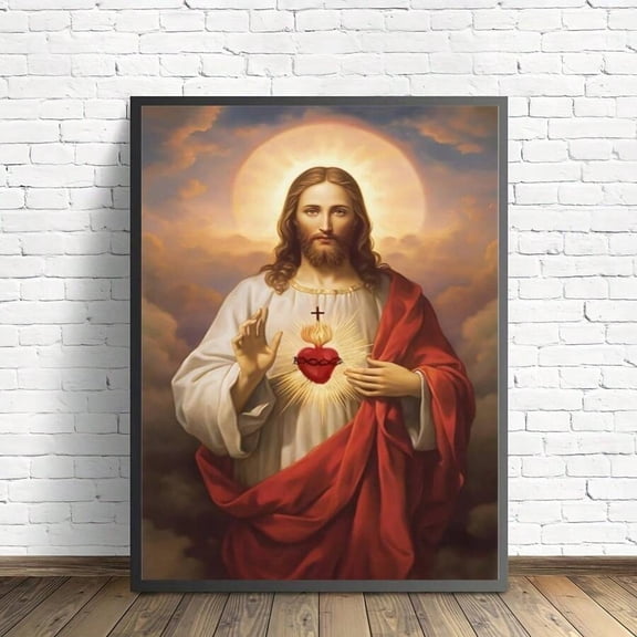 Sacred Heart of Jesus Canvas Wall Art, Jesus Christ Religious Portrait Painting, Christian Faith Home Decor