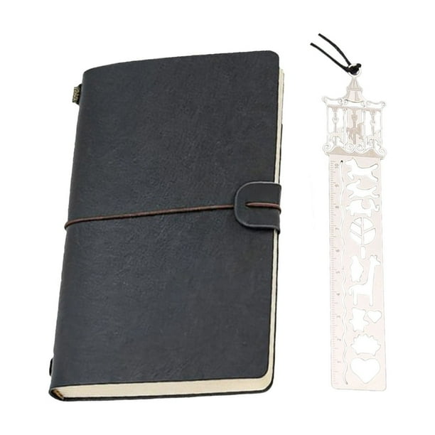 Cuaderno de viaje vintage A6 con papel kraft | Cuaderno de bolsillo portátil con marcapáginas de metal y regla hueca | 180 páginas rayadas y bolsillos internos de almacenamiento