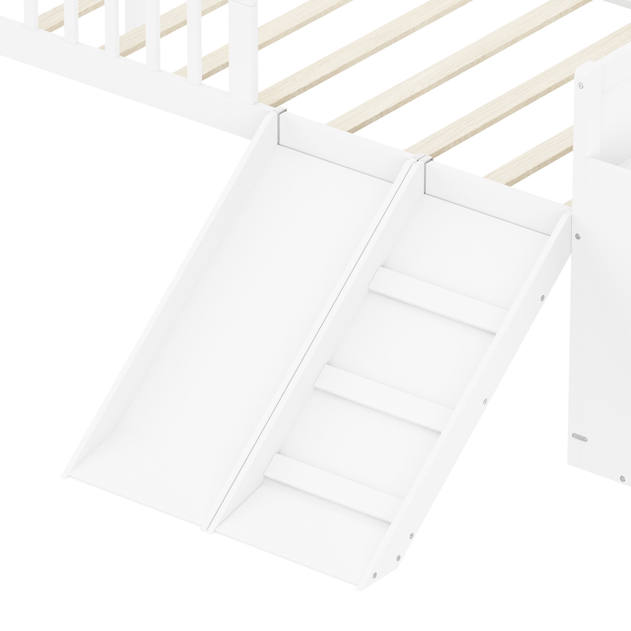 Noble House Twin Bed Frame with Storage Shelf, Platform Bed with Slide and Guardrail, White