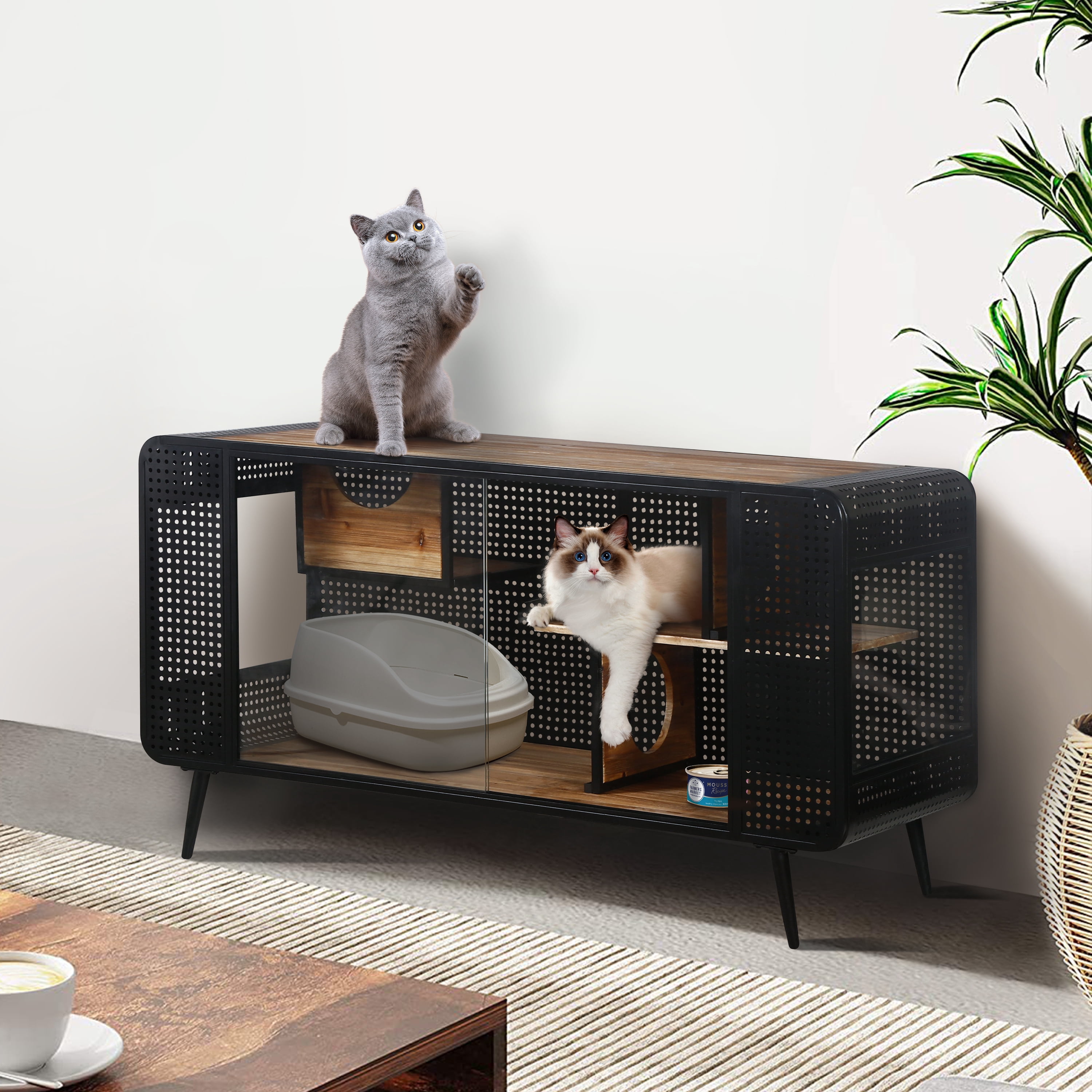 ZephyPaws Cat Litter Box Enclosure,Spacious Side Table Cat House with Tempered Glass,Hidden Litter Box Furniture for Indoor Cat,Large Enclosed Litter Box House,Black+Brown