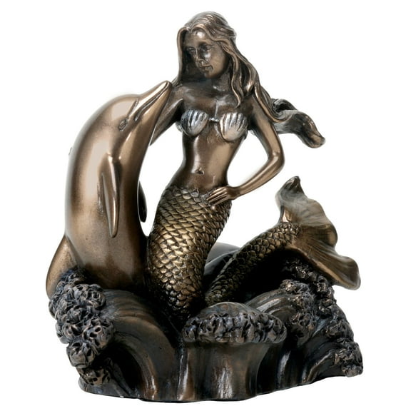 YTC Bronze Metal Colored Ocean Mermaid with Dolphin Figurine Display