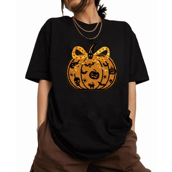 Round-neck short-sleeved Thin yellow bow lace pumpkin graphic T-shirt casual and fashionable black S-5XL