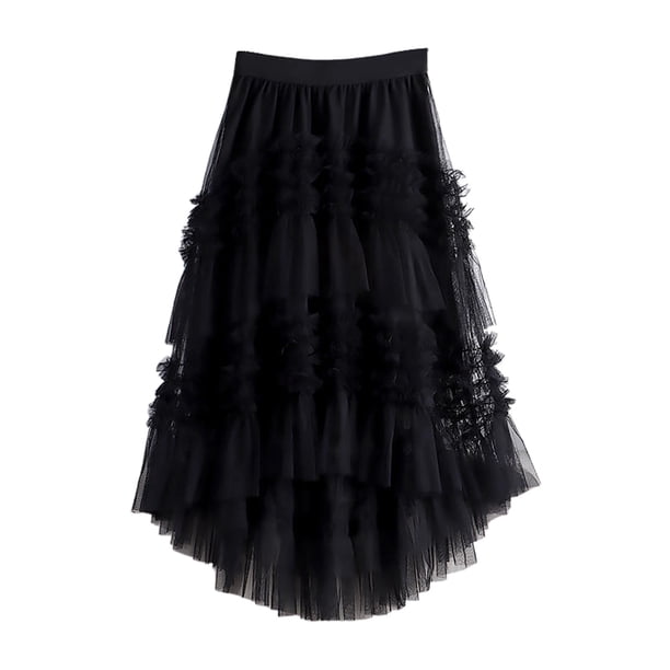 Falda corta por delante y larga por detrás con malla y volantes para mujer - Poliéster, talla única, diseño de cola de golondrina, perfecta para fiestas y ocasiones informales