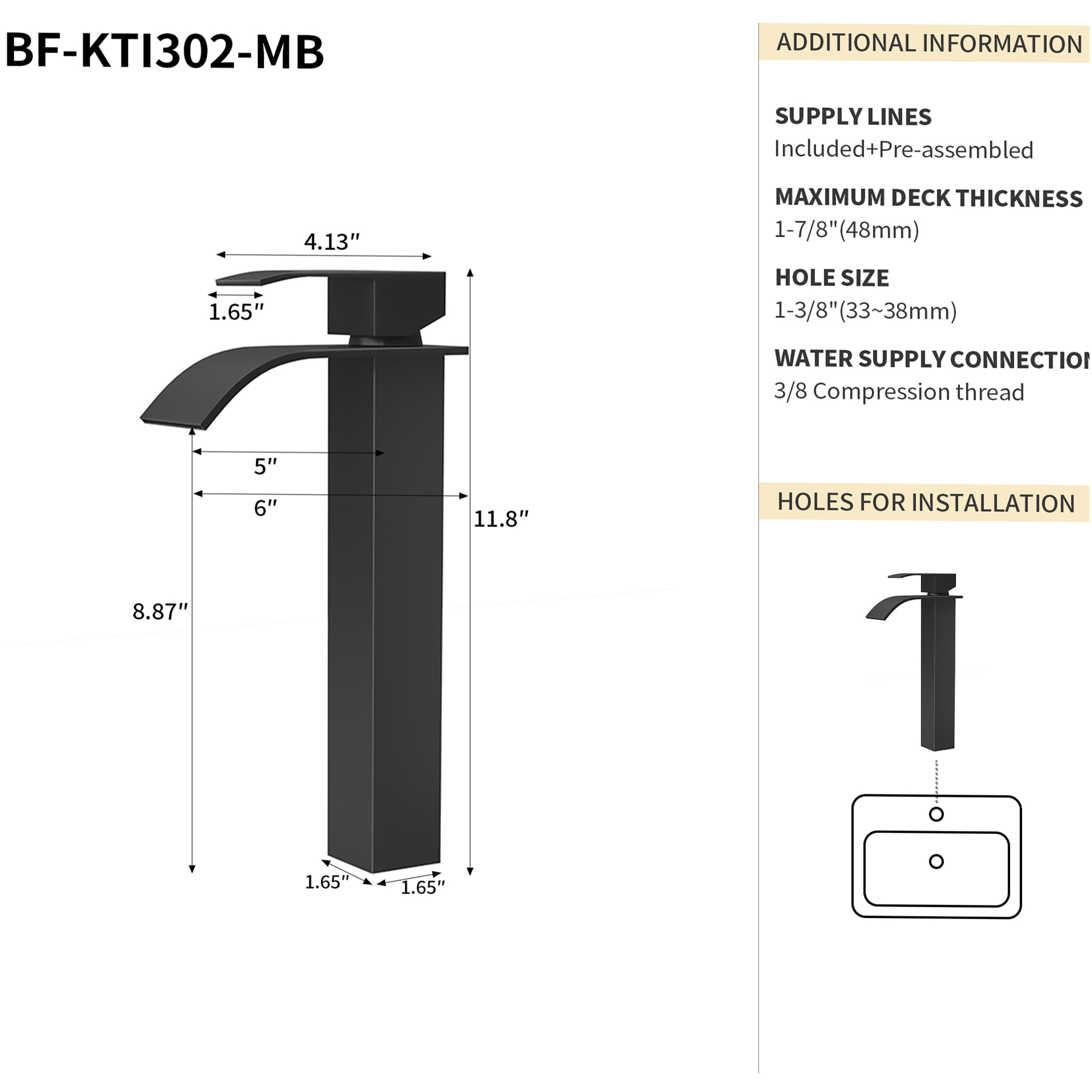 JERFIT 6 inch Modern Single Handle Bathroom Sink Faucet, Matte Black Vessel Vanity Lavatory Tap with CUPC Certification