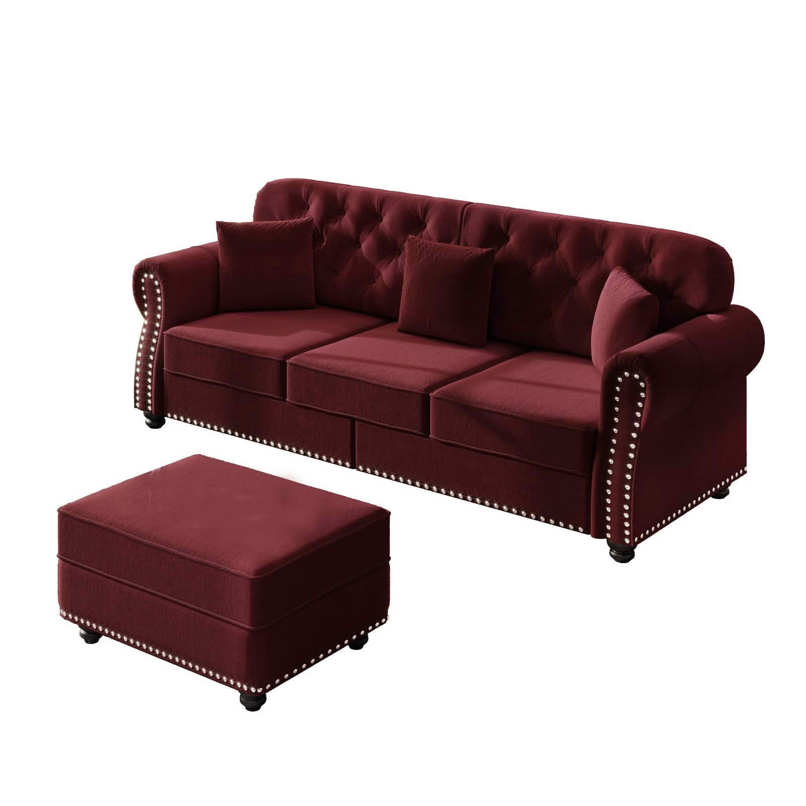 MAYEERTY 82.6 Inch Velvet Chesterfield 3‑Seater Sofa, Mid‑Century Modern Couch with Button Tufting, Nailhead Trim and Rolled Armrests, Comes with 3 Pillows for Home Living Room