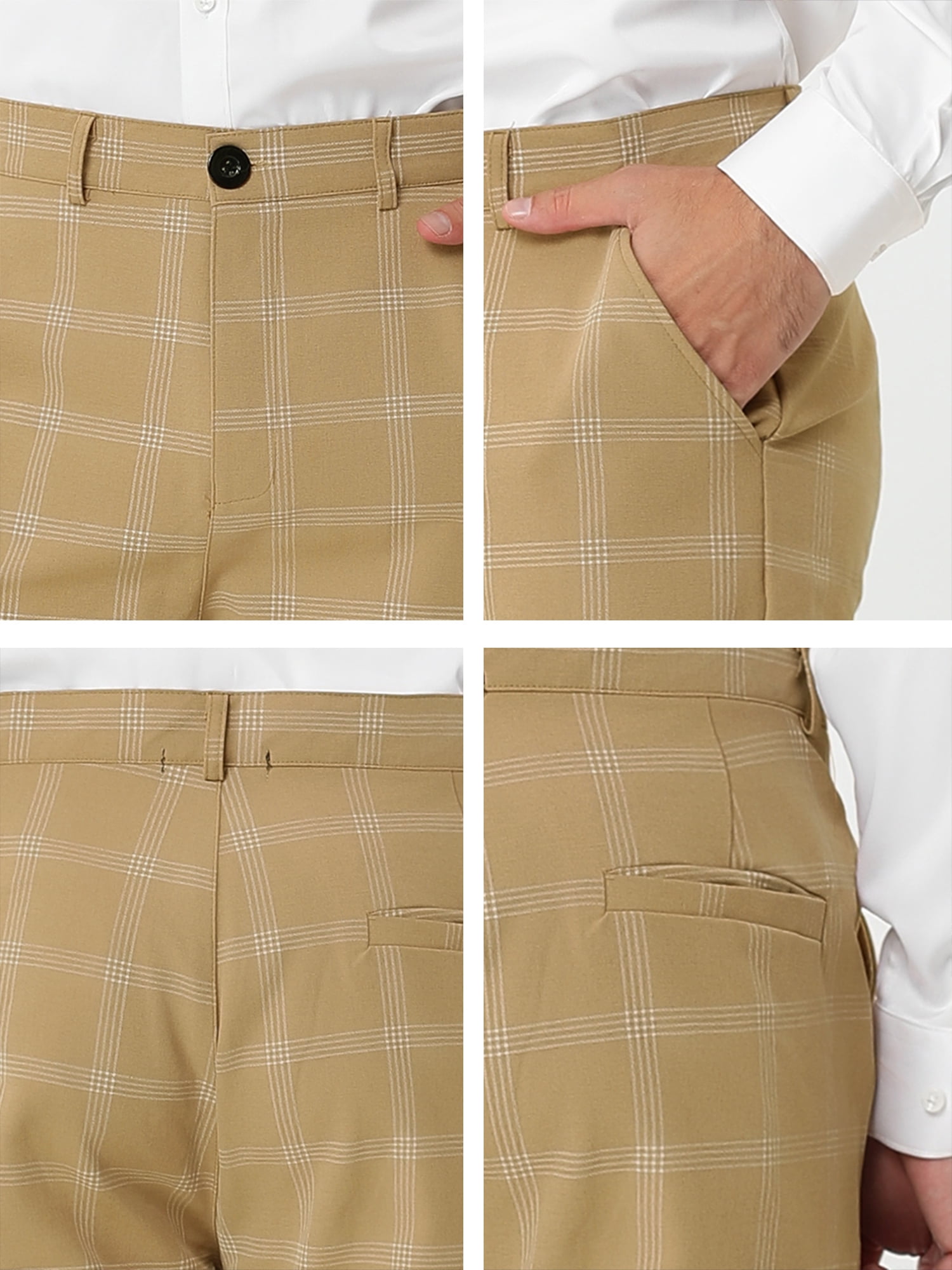 Unique Bargains Men's Plaid Pattern Slim Fit Flat Front Business Pants with Pockets 36 Khaki