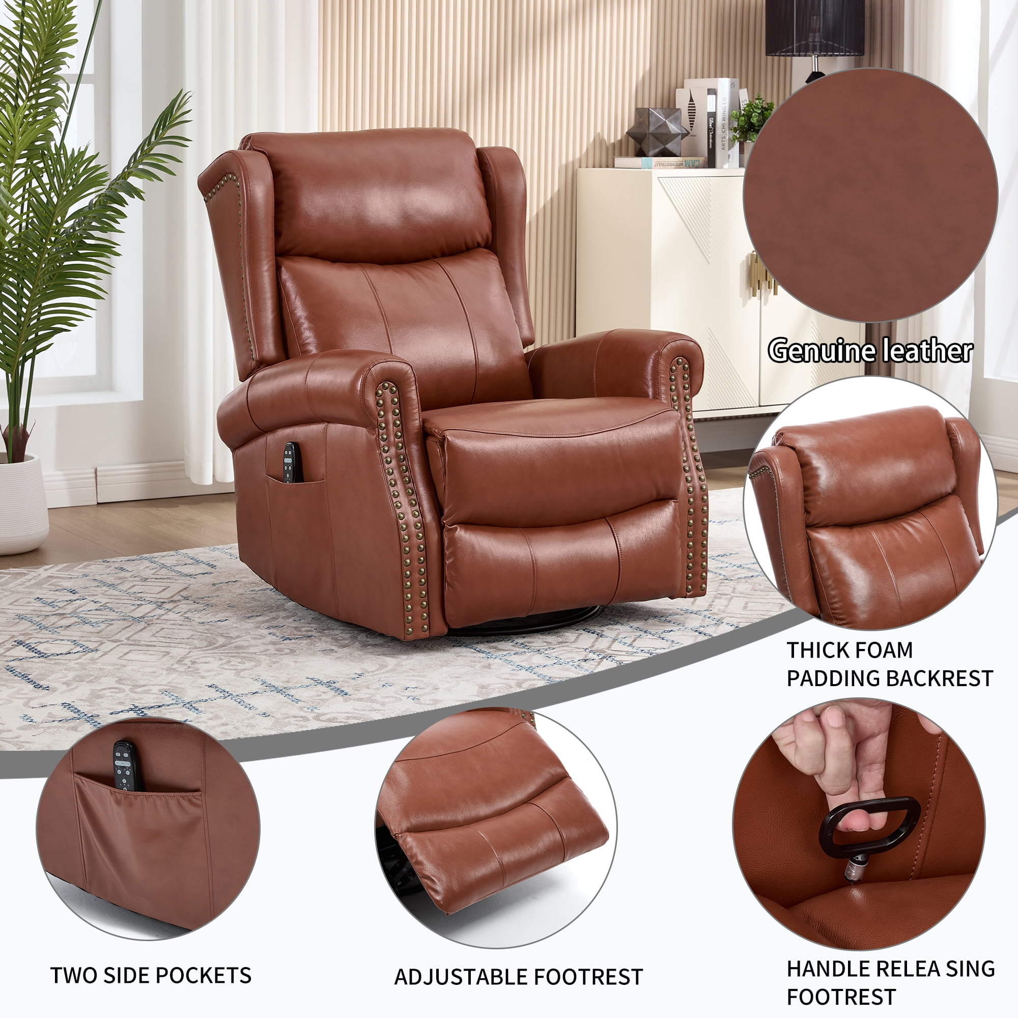 Leumius Swivel Rocker Recliner Chair with Vibration Massage and Lumbar Heating,Ergonomic Lounge Chair with Rocking Function,Rivet Design,Red