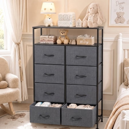 GALAXHERO 8-Drawer Fabric Dresser with Open Shelves Tall Chest of Drawers with Wooden Top Storage Tower for Entryway Bedroom & Closet Charcoal Gray