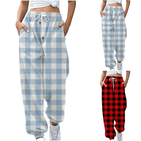 WRKEKC Women's Plaid Print Joggers High Waist Loose Fit Casual Pants with Side Pockets