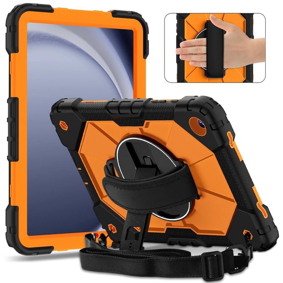 ELEHOLD Rugged Hybrid Case For Samsung Galaxy Tab A11  2025 11-inch, with Built-in Kickstand 360° Rotating Handstrap Crossbody Shoulder Strap Shockproof Heavy Duty Case, Black Orange