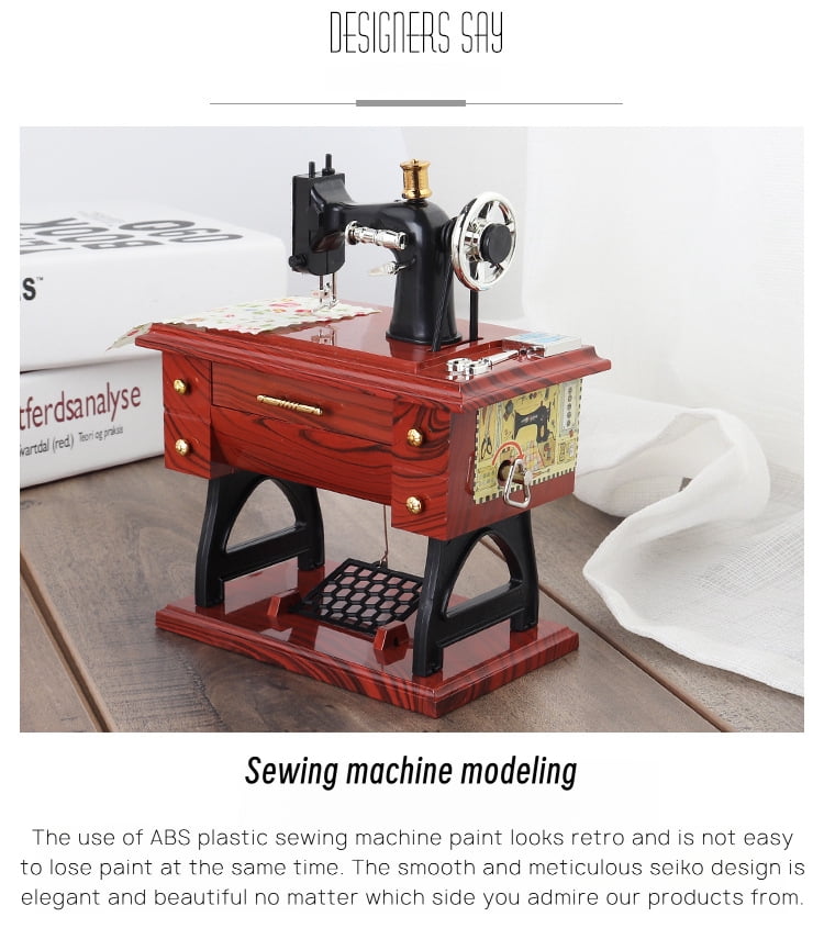 Retro Mini Sewing Machine Music Box - Hand-Wound (No Battery), Drawer-Activated Melody & Moving Parts (Pedal/Needle/Wheel)