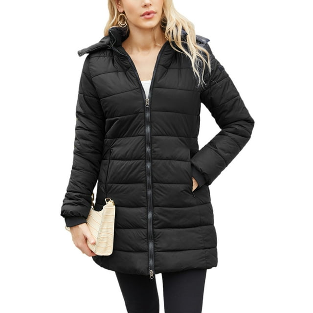 Innerwin Hooded Coats Solid Color Women Down Winter Long Sleeve Lightweight Puffer Jacket Black S