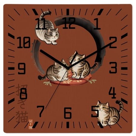 Wall Clock Lucky Cat Operated Square Clocks Wooden Silent Non-Ticking Wallclock 12 Inch Cute Japanese Style Red Wood Wall Clock for Living Room Bedroom Office Shool Home Decor