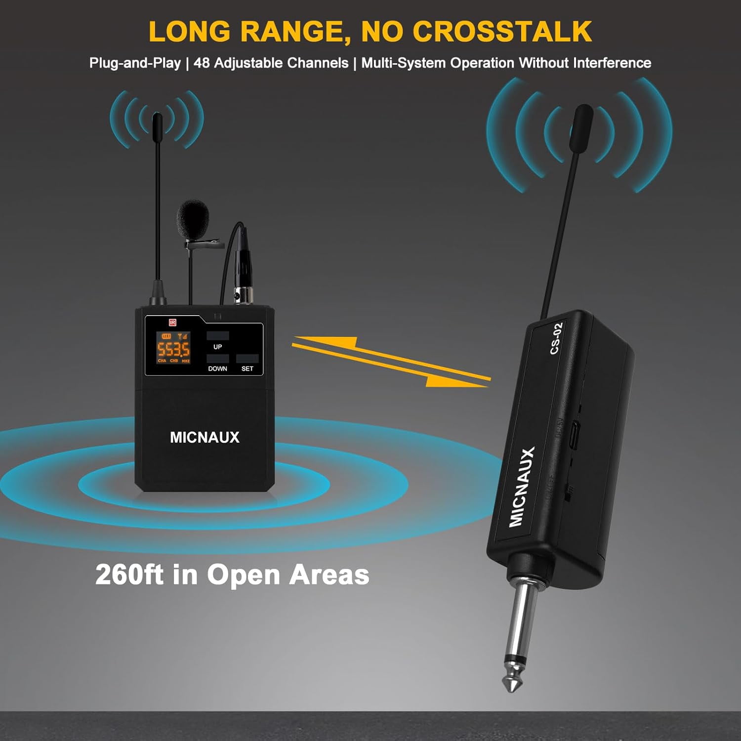 Wireless Lapel Microphone System with Headset & Lavalier Mics, UHF Bodypack Transmitters, Mini Rechargeable Receiver, 48 Channels in 500MHz, 260ft Range, Plug & Play for Wedding Speech Church