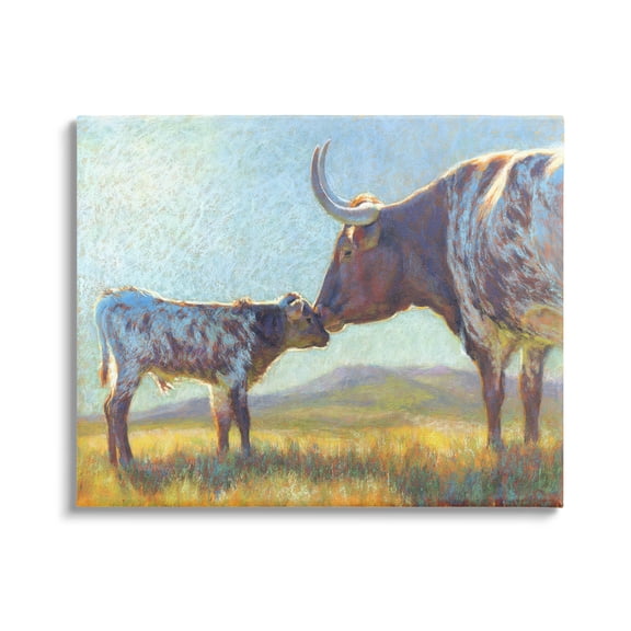 Mother Cattle Calf Sunlit Farm Animals & Insects Painting Gallery Wrapped Canvas Print Wall Art