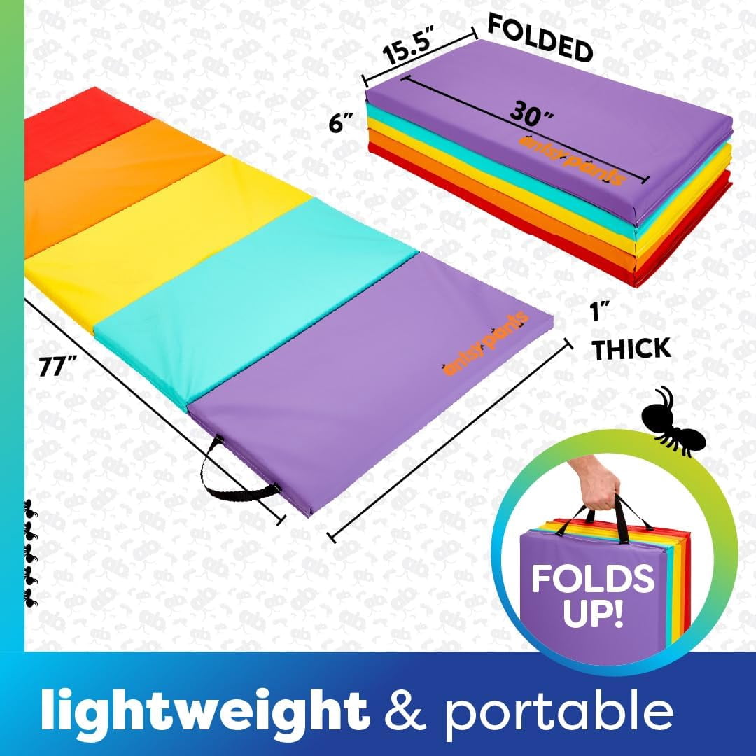 Antsy Pants Tumbling Mat – Gymnastics Mat, Easy to Clean, Sturdy, Foldable Tumbling Mat for Kids, Padded, Portable, Carrying Handle, Gymnastics Equipment for Activity Play, Original Colors