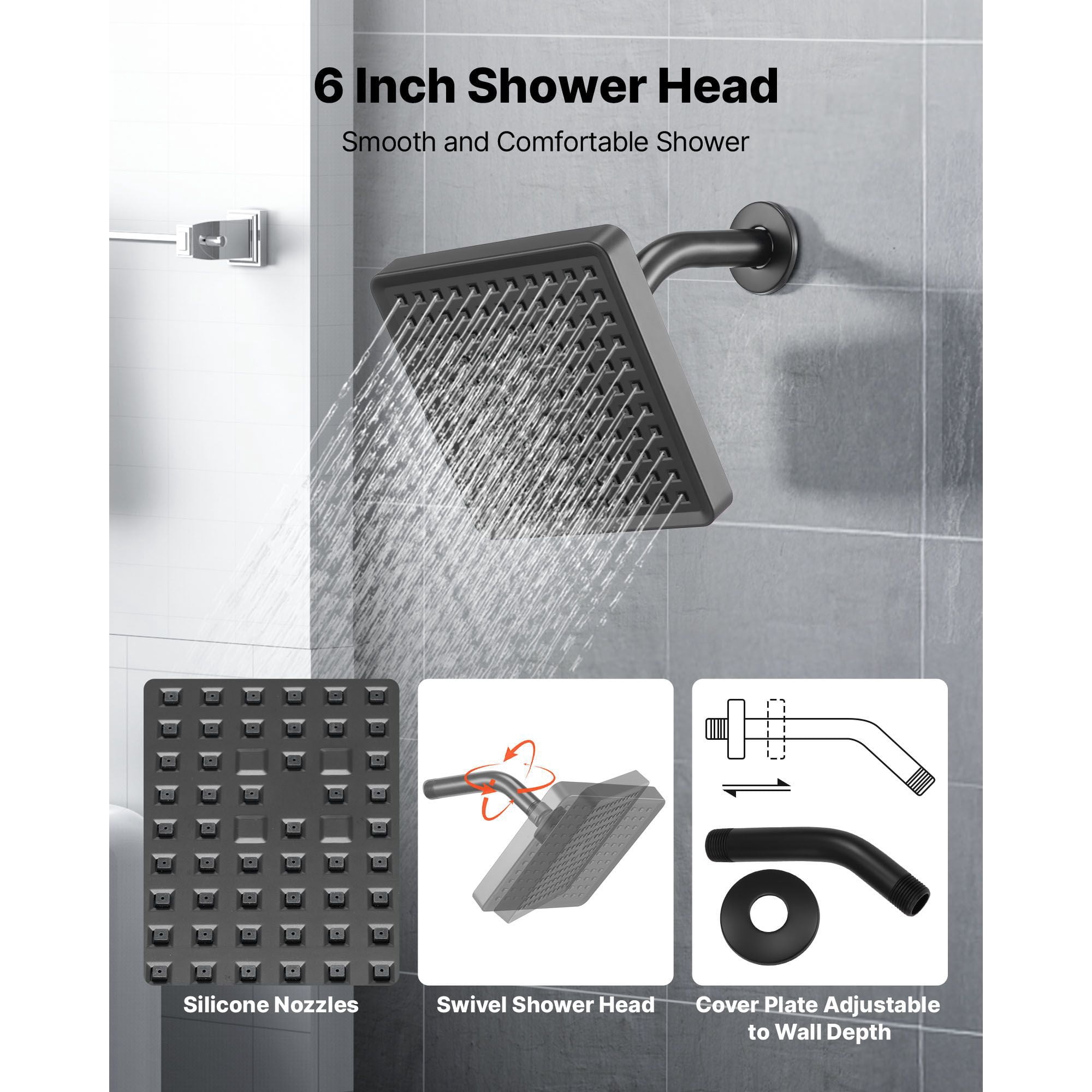 Tub and Shower Faucet Set 4-Piece Brass Valve ABS Shower Head 304 Stainless Steel Panel Matte Black for Bathroom
