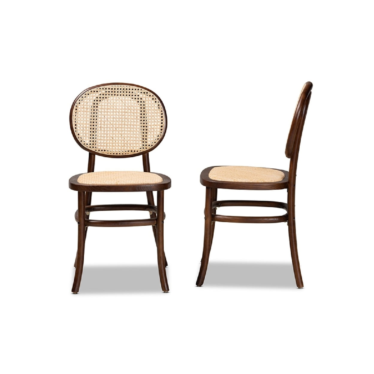 Baxton Studio Garold Mid-Century Modern Brown Woven Rattan and Walnut Brown Wood 2-Piece Cane Dining Chair Set
