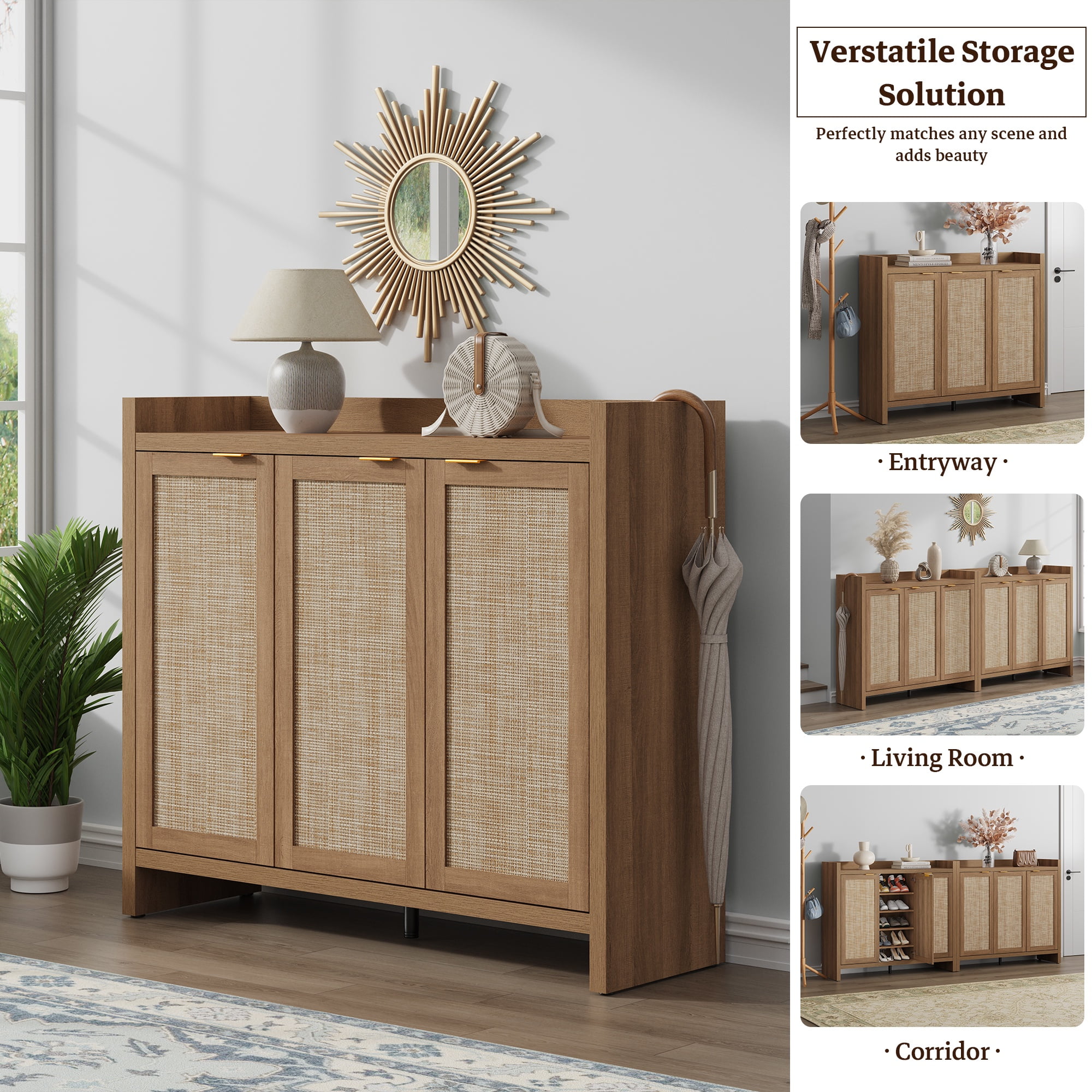 SICOTAS 7 Tier Shoe Storage Cabinet for Entryway, 30 Pairs Rattan Shoe Rack Cabinet with Doors & Adjustable Shelves, Freestanding Boho Shoe Organizer Cabinet for Hallway, Oak