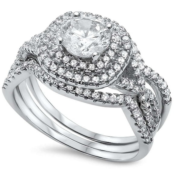 Three Piece Double Halo Bridal Set Infinity Shank Round Ring CZ 925 Sterling Silver Size 4