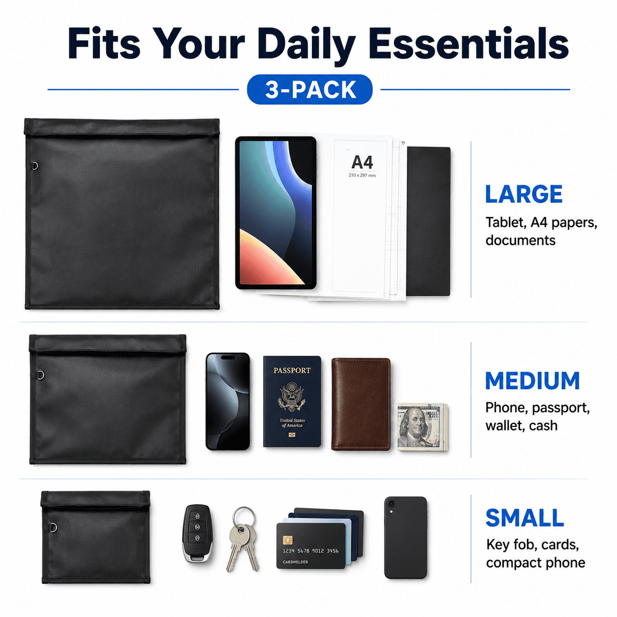 Faraday Bag for Phones Tablets Car Keys Bluetooth Faraday Bag Key Fob Protector Fireproof Bag 3 Pack Black