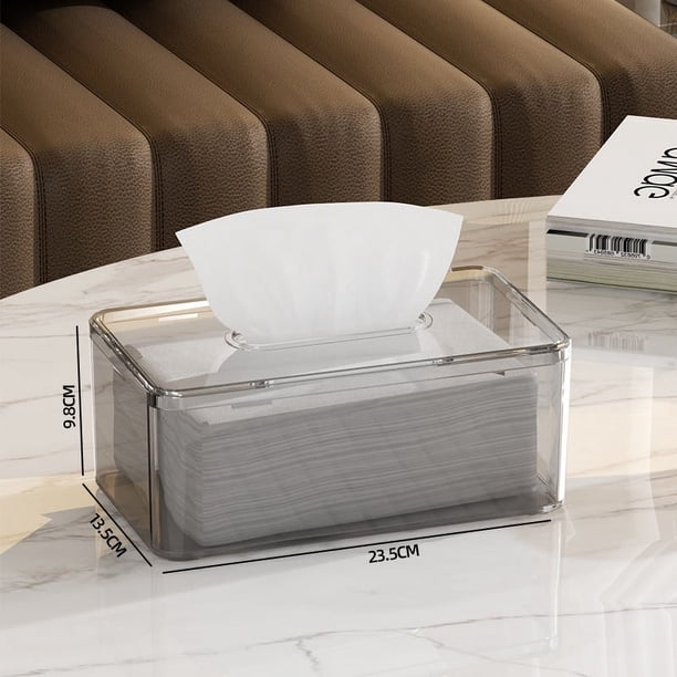Zhuge Caja de pañuelos de acrílico transparente, tapas para cajas, dispensador de toallitas para secadora de mesa, para baño, cocina y coche, gris, 23,4 x 13,5 x 9,7 cm.