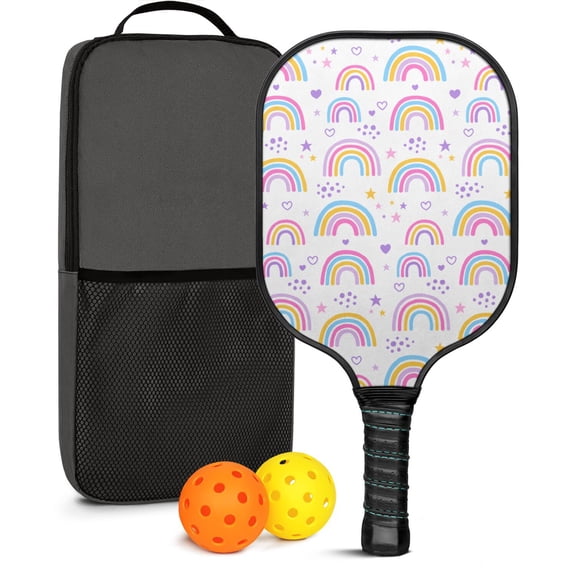 Pickleball Paddles Set Of 1, Fiberglass Surface, Vibrant Rainbow Print, 1 Paddle, 2 Balls & Bag