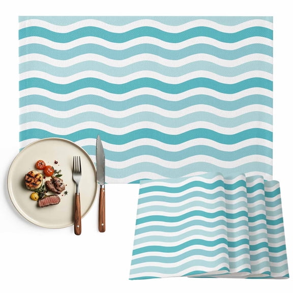 Placemats Set of 6, Teal Nautical Waves Place Mats Lines Striped Tablemats Washable Placemat Table Decoration for Kitchen Table Dinner Party Home Decor Indoor Outdoor 13x19 Inch