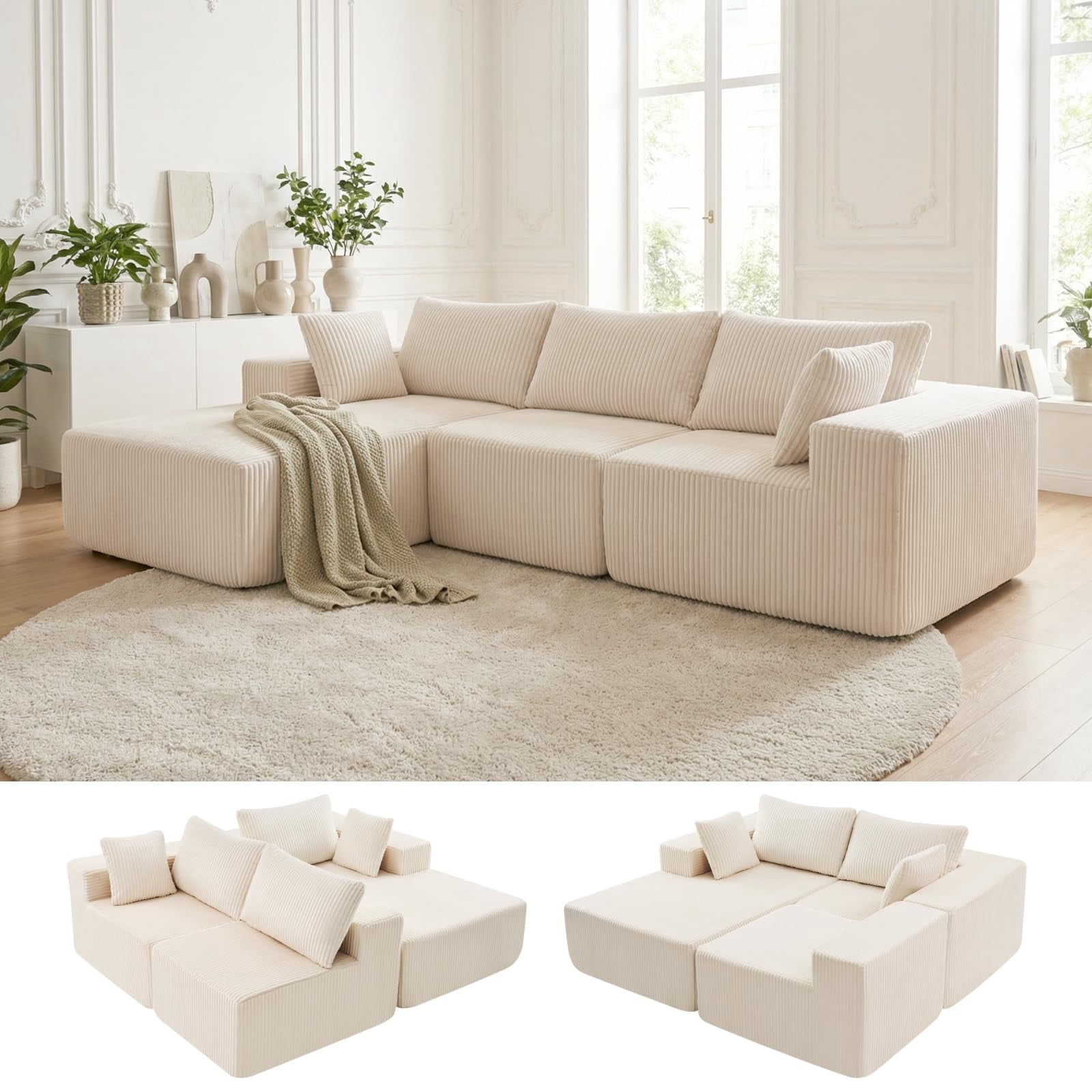 Aukfa 107" Modular Sectional Sofa, Corduroy Upholstered Deep Seat Couch with Left Chaise, Convertible Sleeper, Beige
