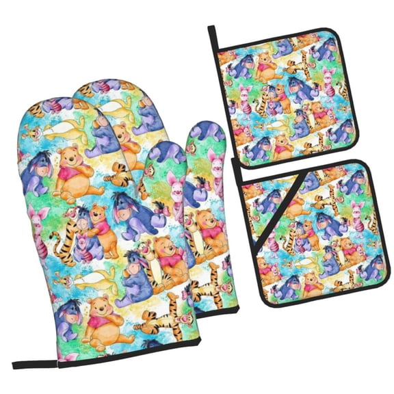 Winnie the Pooh Oven Mitts And Pot Holders Set 4 Pcs, Heat Resistant Oven Mitt Set with Potholders, Hot Pads And Oven Mitts Sets Oven Glove for Kitchen, Baking, Cooking, Grilling
