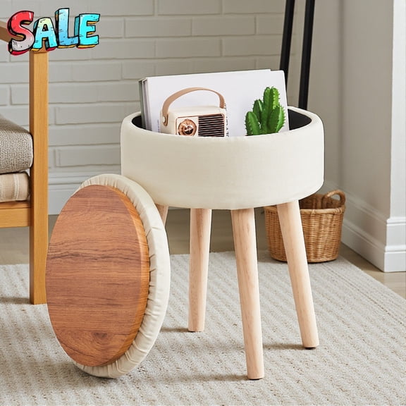 Tcbosik 12.6" Round Linen Upholstered Ottoman with Flip-Top Tray and Hidden Storage, Small Footstool Vanity Chair with Solid Wood Legs, Padded Stool for Home Office Living Room, White