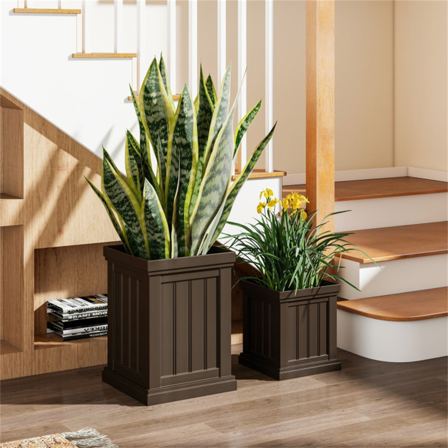 Set of 2 Stackable PP Planters with Efficient Drainage Holes, Weather-Resistant Flower Pots for Indoor Outdoor Use