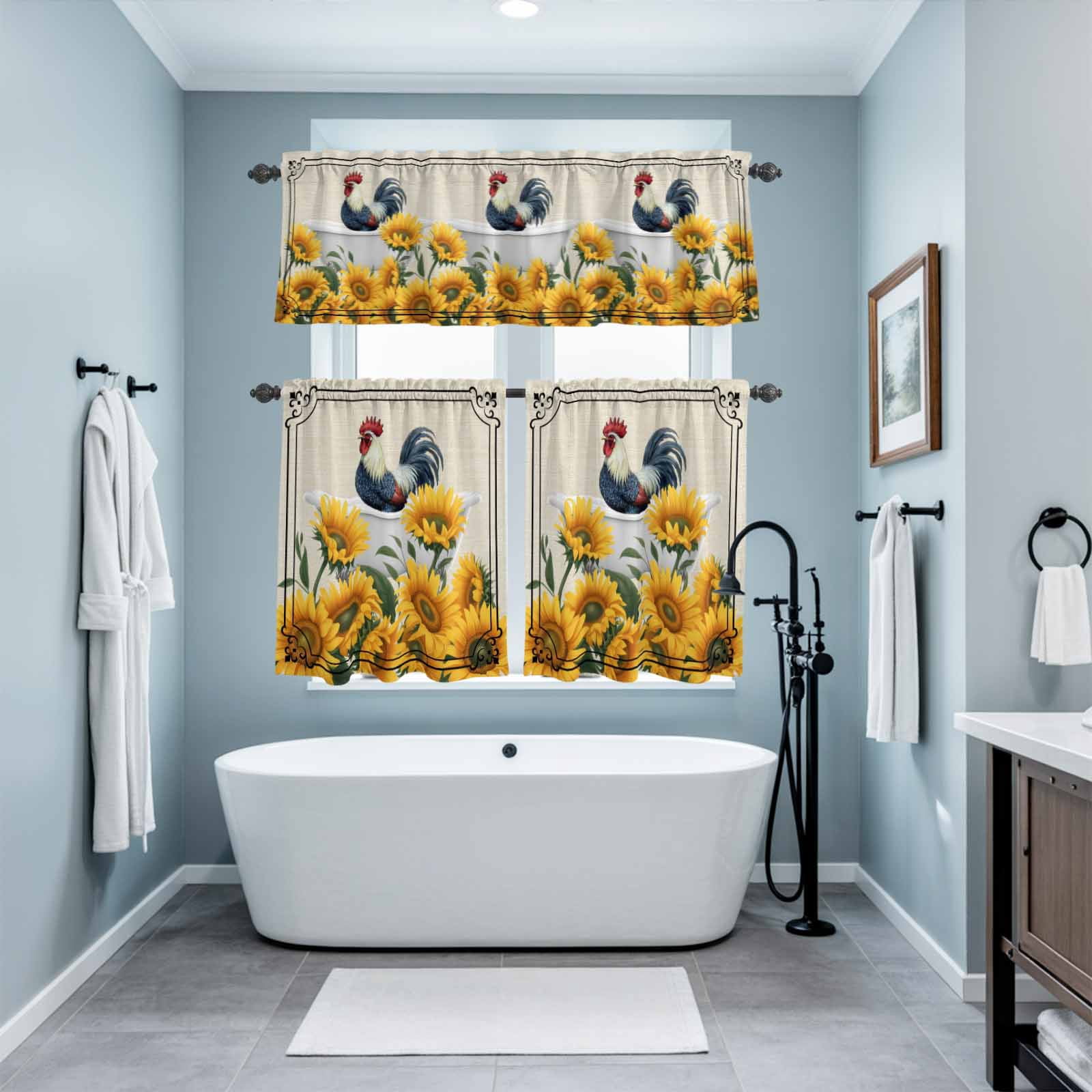 Farmhouse Kitchen Curtains Valances 3 Piece Set, Chicken in Bathtub Sunflowers Retro Border Linen Rod Pocket Tier Curtain and Valance Drapes for Small Window 24 Inch Length for Bedroom Cafe
