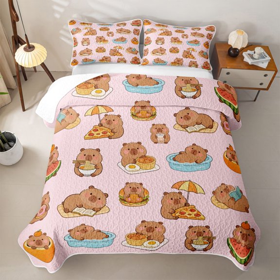 Erosebridal Funny Capybara Pattern Twin Quilt Set,Hawaii Summer Holiday Twin Coverlet Set For Kids Girls,2pcs