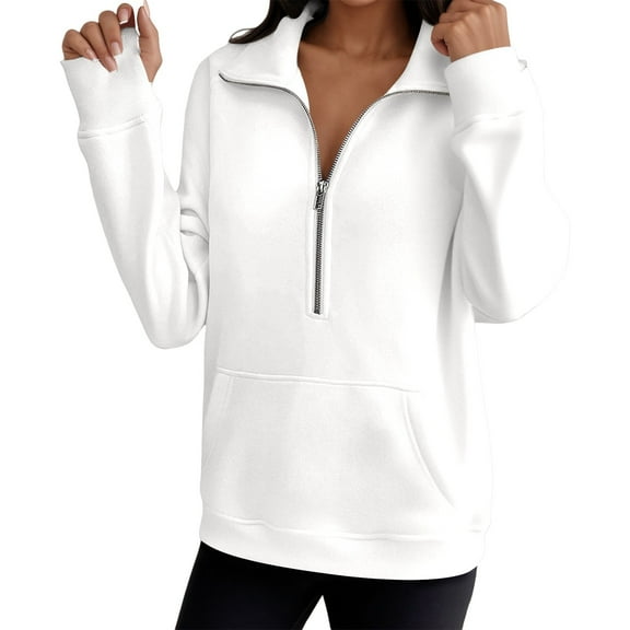 Fiaer,Half Zip Plus Size Sweatshirts for Women,Womens Loose Fit Casual Trendy Long Sleeve Lapel Collared V Neck Pullovers with Pocket White XL