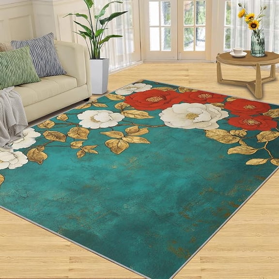 Vintage Floral Area Rug, Peony Rugs for Living Room, Teal Green Washable Rugs for Bedroom, Non Slip & Low-Pile, Soft Indoor Carpet & Home Decor 4 x 6ft