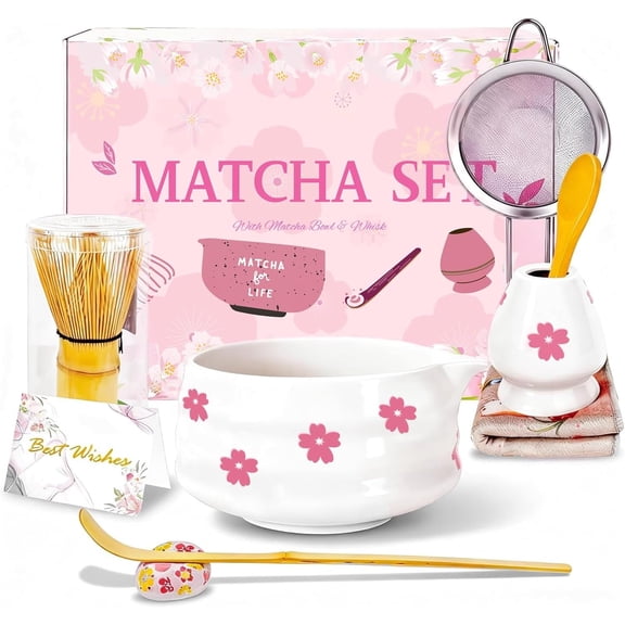 Matcha Whisk Set with Matcha Bowl, 8 count Cute Matcha Set, Complete Matcha Making Kit Whisk Holder, Scoop, Sifter, Towel Included for Woman Matcha Lover (White )