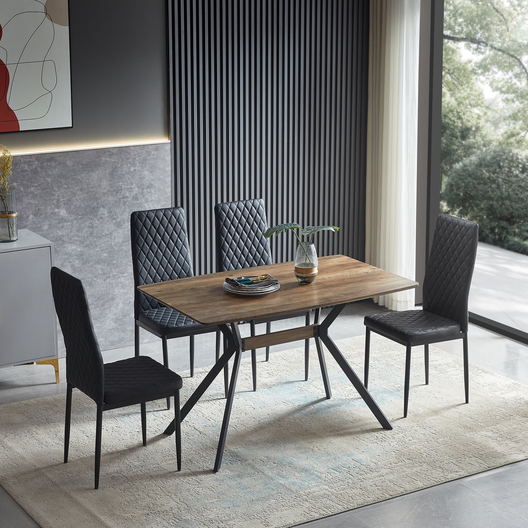 Dining Table, MDF Wooden Top Black Metal Shelf Metal Heat Transfer Legs Leveling Feet For Dining Room Kitchen Office Table
