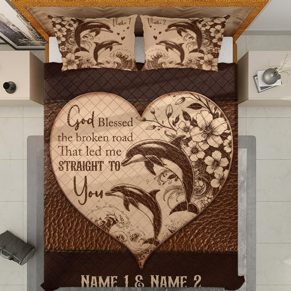 Lotusprinthandmade Personalized Valentine's Day Sea Animal Dolphin Couple God Bless Quilt Bedding Set (White Binding) 5 Sizes (Made in Vietnam) (55x60), Romantic Sea Animal Quilt